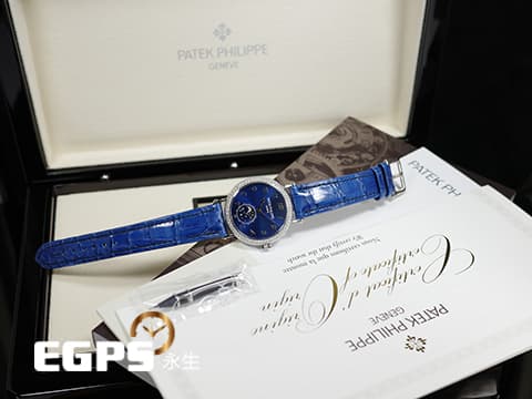 Patek philippe 百達翡麗 PP&nbsp; 複雜功能時計 7121/200G 18K白金材質 原廠鑲嵌132 顆鑽石（1.09 克拉）錶圈 月相顯示 藍色面盤&nbsp;2025年保單 新錶訂價：1,507,000元&nbsp;手動上鍊&nbsp;38mm