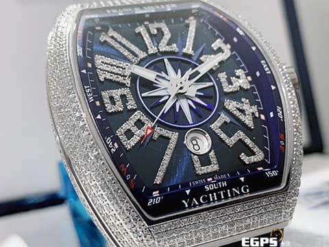 Franck Muller 法蘭穆勒 FM Vanguard Yachting 遊艇系列  V45 SC DT   精鑲鑽框耀眼奪目 ，藍色面盤 鑲鑽立體阿拉伯數字時標&nbsp;自動上鏈 44x54 mm