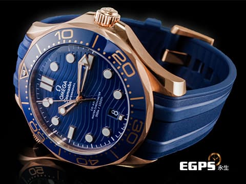 OMEGA 歐米茄 Seamaster 海馬系列 21062422003001 18K玫瑰金材質 藍色陶瓷波浪紋面盤、藍色陶瓷錶圈、藍色橡膠錶帶   2022年保單  同軸擒縱 排氦氣閥 潛水錶 自動上鍊 42mm