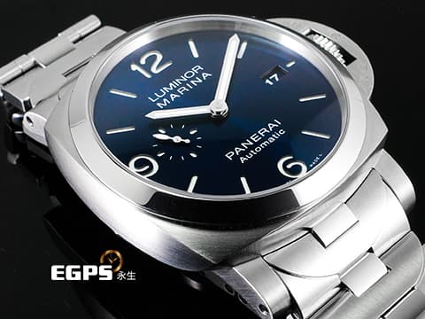 PANERAI 沛納海 Luminor Marina Specchio Blu PAM1316 三日鍊 小秒針 藍色太陽放射紋三明治面盤 PAM01316 不鏽鋼材質 鍊帶款 2024年保卡&nbsp;自動上鍊 44mm