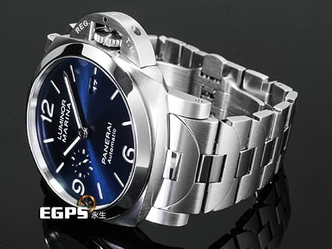 PANERAI 沛納海 Luminor Marina Specchio Blu PAM1316 三日鍊 小秒針 藍色太陽放射紋三明治面盤 PAM01316 不鏽鋼材質 鍊帶款 2024年保卡&nbsp;自動上鍊 44mm