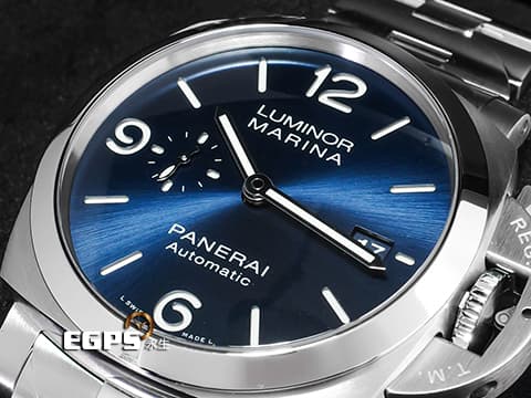 PANERAI 沛納海 Luminor Marina Specchio Blu PAM1316 三日鍊 小秒針 藍色太陽放射紋三明治面盤 PAM01316 不鏽鋼材質 鍊帶款 2024年保卡&nbsp;自動上鍊 44mm