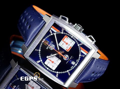 TAG HEUER 豪雅 MONACO 摩納哥 GULF特別版腕錶 CBL2115.FC6494 不鏽鋼材質 GULF線條&nbsp;藍色放射性太陽紋面盤&nbsp; 計時碼錶&nbsp;2023年保卡&nbsp;自動上鍊 39mm