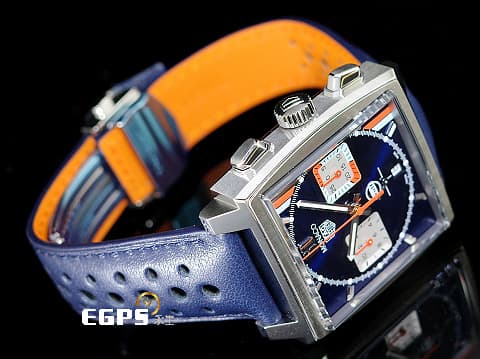 TAG HEUER 豪雅 MONACO 摩納哥 GULF特別版腕錶 CBL2115.FC6494 不鏽鋼材質 GULF線條&nbsp;藍色放射性太陽紋面盤&nbsp; 計時碼錶&nbsp;2023年保卡&nbsp;自動上鍊 39mm