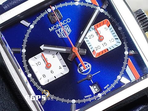 TAG HEUER 豪雅 MONACO 摩納哥 GULF特別版腕錶 CBL2115.FC6494 不鏽鋼材質 GULF線條&nbsp;藍色放射性太陽紋面盤&nbsp; 計時碼錶&nbsp;2023年保卡&nbsp;自動上鍊 39mm