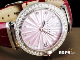 BVLGARI 寶格麗 BVLGARI LUCEA 103618 <font color="#FF0000">2024年保單 鑽石時標、錶圈 紅碧璽錶冠 <font color="#f079a0">原廠亮麗鑽石圈 艷麗粉紅色立體珍珠母貝紋面 原廠紅色鱷魚皮錶帶</font></font> 33mm