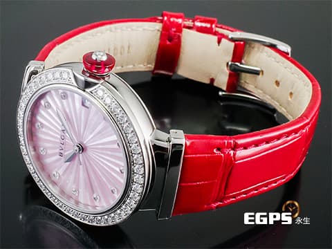 BVLGARI 寶格麗 BVLGARI LUCEA 103618 2024年保單 鑽石時標、錶圈 紅碧璽錶冠 原廠亮麗鑽石圈 艷麗粉紅色立體珍珠母貝紋面 原廠紅色鱷魚皮錶帶 33mm