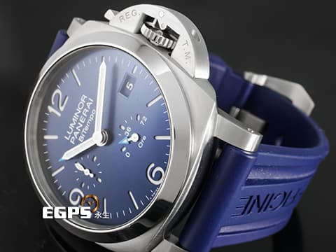 PANERAI 沛納海 LUMINOR 系列 BiTempo PAM01361 GMT 三日鍊 PAM1361 藍色放射太陽紋面盤 藍色GMT、動力顯示指針箭頭 2024年保單  自動上鍊 44mm