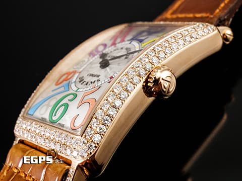 Franck Muller 法蘭穆勒 Color Dreams 玫瑰金 952QZ COL 銀白色放射狀雕紋面盤  精鑲鑽錶 彩色藝術數字時標 原廠咖啡色鱷魚皮錶帶 石英  26x44 mm