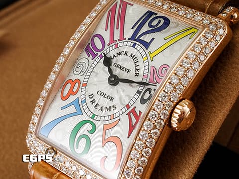 Franck Muller 法蘭穆勒 Color Dreams 玫瑰金 952QZ COL 銀白色放射狀雕紋面盤  精鑲鑽錶 彩色藝術數字時標 原廠咖啡色鱷魚皮錶帶 石英  26x44 mm