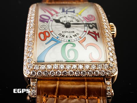 Franck Muller 法蘭穆勒 Color Dreams 玫瑰金 952QZ COL 銀白色放射狀雕紋面盤  精鑲鑽錶 彩色藝術數字時標 原廠咖啡色鱷魚皮錶帶 石英  26x44 mm