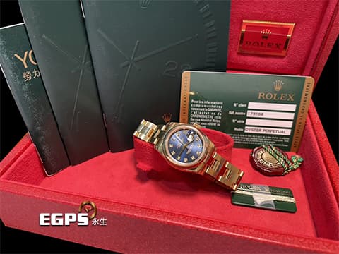 ROLEX 勞力士 Lady-Datejust 179168G 黃K金材質 179168 G 藍色太陽紋放色面盤  黃金飆漲~ 經典勞力士傳奇表款~ 原廠鑽石時標 配件齊全 稀有的勞力士紅色錶盒~~膠膜未撕~~ 自動上鍊 26mm