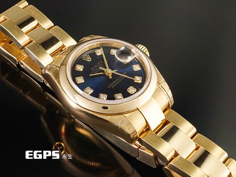 ROLEX 勞力士 Lady-Datejust 179168G 黃K金材質 179168 G 藍色太陽紋放色面盤  黃金飆漲~ 經典勞力士傳奇表款~ 原廠鑽石時標 配件齊全 稀有的勞力士紅色錶盒~~膠膜未撕~~ 自動上鍊 26mm