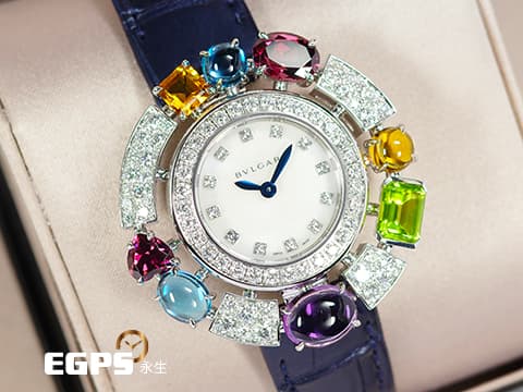BVLGARI 寶格麗 Allegra系列 彩寶 103499 18K白金材質&nbsp;原廠繽紛寶石華麗美鑽 珍珠母貝面盤 絕美艷麗 貴婦名媛專用首選 亮麗七炫彩色寶石錶圈 2026年保卡 官方訂價：約1,124,000元&nbsp;石英機芯 36mm