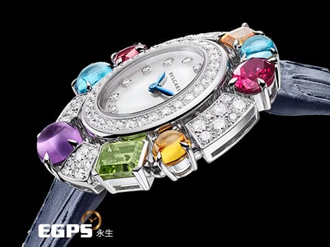 BVLGARI 寶格麗 Allegra系列 彩寶 103499 18K白金材質&nbsp;原廠繽紛寶石華麗美鑽 珍珠母貝面盤 絕美艷麗 貴婦名媛專用首選 亮麗七炫彩色寶石錶圈 2026年保卡 官方訂價：約1,124,000元&nbsp;石英機芯 36mm