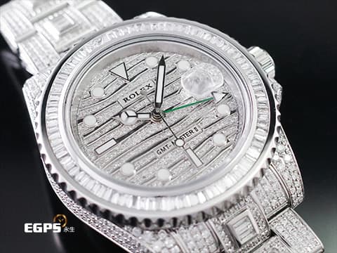 ROLEX 勞力士 GMT-MASTER II 格林威治型 116710LN 兩地時間 116710 LN   精鑲滿天星鑽石虎紋面盤、精鑲梯鑽雙向旋轉錶圈、滿鑲錶帶及摺疊帶扣   40mm