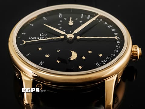 JAQUET DROZ 雅克德羅 JD錶 Astrale 星辰系列 J030533200 玫瑰金材質 萬年曆 黑色琺瑯面盤 新錶參考訂價約：1,862,000元 2023年保單 藝術裝飾逆跳月相顯示盤 逆跳日期、星期 自動上鍊 43mm