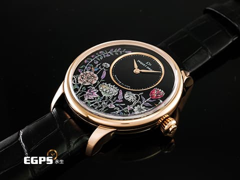Jaquet Droz 雅克德羅 JD錶 ATELIERS D'ART 藝術工坊系列 J005013215 18K玫瑰金材質 縞瑪瑙珍珠母貝工藝腕錶
 2023年保單 新錶訂價：1,432,000元&nbsp;栩栩如生的小花園配上蝴蝶與微笑月亮 如詩如畫的呈現了春季的夜晚 自動上鏈 39mm