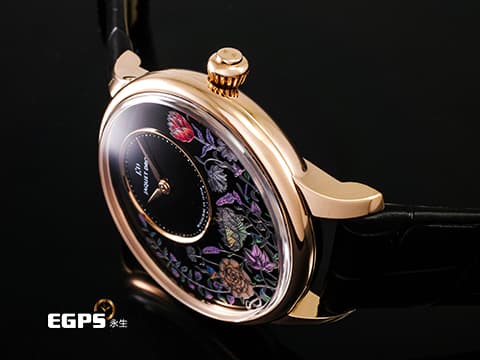 Jaquet Droz 雅克德羅 JD錶 ATELIERS D'ART 藝術工坊系列 J005013215 18K玫瑰金材質 縞瑪瑙珍珠母貝工藝腕錶
 2023年保單 新錶訂價：1,432,000元&nbsp;栩栩如生的小花園配上蝴蝶與微笑月亮 如詩如畫的呈現了春季的夜晚 自動上鏈 39mm