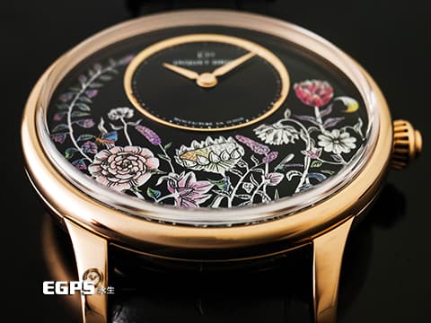 Jaquet Droz 雅克德羅 JD錶 ATELIERS D'ART 藝術工坊系列 J005013215 18K玫瑰金材質 縞瑪瑙珍珠母貝工藝腕錶
 2023年保單 新錶訂價：1,432,000元&nbsp;栩栩如生的小花園配上蝴蝶與微笑月亮 如詩如畫的呈現了春季的夜晚 自動上鏈 39mm