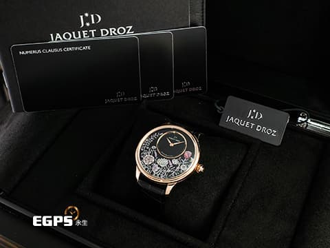 Jaquet Droz 雅克德羅 JD錶 ATELIERS D'ART 藝術工坊系列 J005013215 18K玫瑰金材質 縞瑪瑙珍珠母貝工藝腕錶
 2023年保單 新錶訂價：1,432,000元&nbsp;栩栩如生的小花園配上蝴蝶與微笑月亮 如詩如畫的呈現了春季的夜晚 自動上鏈 39mm