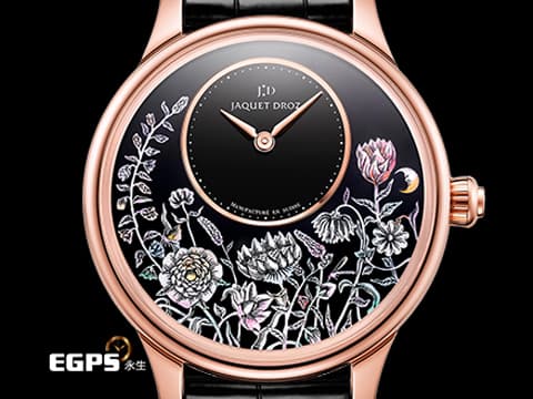 Jaquet Droz 雅克德羅 JD錶 ATELIERS D'ART 藝術工坊系列 J005013215 18K玫瑰金材質 縞瑪瑙珍珠母貝工藝腕錶
 2023年保單 新錶訂價：1,432,000元&nbsp;栩栩如生的小花園配上蝴蝶與微笑月亮 如詩如畫的呈現了春季的夜晚 自動上鏈 39mm