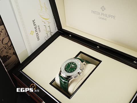 Patek Philippe PP 百達翡麗 複雜功能時計 5930P-001 PT950鉑金材質 5930 世界時間 日夜顯示 綠色手工車花編織波紋面盤 Calatrava Cross折疊帶扣  2022年保單 未使用蒐藏品 新錶訂價：3,472,000元 PP印記 自動上鍊 39.5mm