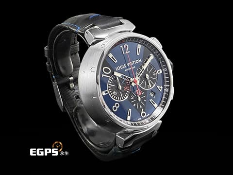 LOUIS VUITTON 路易威登 Tambour系列 Blue Chronograph Q102V0 法式頂級時尚與硬核機械工藝品 側面鐫刻 LOUIS VUITTON 字母 金屬藍黑色大型V字面盤&nbsp;計時碼錶 自動上鍊 44mm