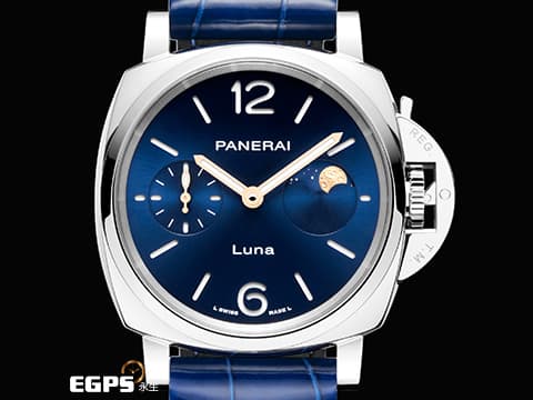 PANERAI 沛納海 Luminor Due Luna PAM1179 藍色太陽紋三明治夜光面盤 三日鍊 月相盈虧 小秒針 PAM01179 不鏽鋼 2025年保單 新式快拆錶帶 自動上鍊 38mm