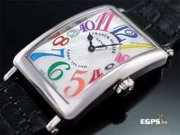 Franck Muller 法蘭穆勒 Color Dreams 952QZ COL 不鏽鋼材質 <font color=#cad6f0>白色貝母面盤</font> <font color=#FF0000>彩色藝術數字時標 原廠黑色鱷魚皮錶帶</font> 石英機芯 26x44 mm