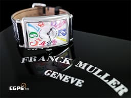 Franck Muller 法蘭穆勒 Color Dreams 952QZ COL 不鏽鋼材質 <font color=#cad6f0>白色貝母面盤</font> <font color=#FF0000>彩色藝術數字時標 原廠黑色鱷魚皮錶帶</font> 石英機芯 26x44 mm