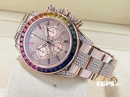 ROLEX 勞力士 Daytona 迪通拿 116505 18K永恆玫瑰金材質 計時碼表 <font color="#05f0f0">精鑲漸層彩紅色寶石錶圈、時標 精鑲鑽石於滿天星鑽石面盤、錶耳、護肩及錶鍊帶中排鑽</font> 自動上鍊&nbsp;40mm