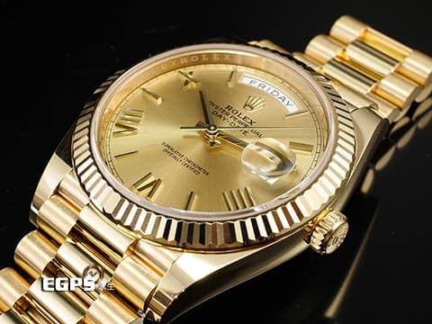 ROLEX 勞力士 DAY-DATE 40 蠔式星期日誌型 228238 黃K金材質 黃K金羅馬數字時標 香檳色面盤 2024年新式保單 極新品  此錶歡迎各路錶友以PP、AP、勞力士 來店交換，本店將以最高價評估～ 自動腕錶 40mm