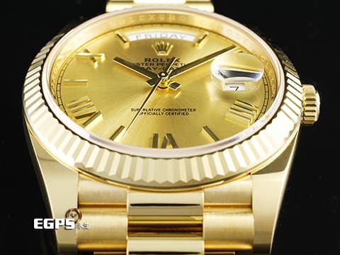 ROLEX 勞力士 DAY-DATE 40 蠔式星期日誌型 228238 黃K金材質 黃K金羅馬數字時標 香檳色面盤 2024年新式保單 極新品  此錶歡迎各路錶友以PP、AP、勞力士 來店交換，本店將以最高價評估～ 自動腕錶 40mm