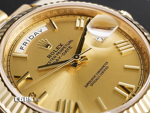 ROLEX 勞力士 DAY-DATE 40 蠔式星期日誌型 228238 黃K金材質 黃K金羅馬數字時標 香檳色面盤 2024年新式保單 極新品  此錶歡迎各路錶友以PP、AP、勞力士 來店交換，本店將以最高價評估～ 自動腕錶 40mm