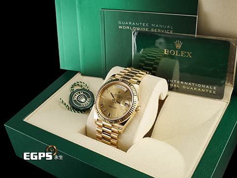 ROLEX 勞力士 DAY-DATE 40 蠔式星期日誌型 228238 黃K金材質 黃K金羅馬數字時標 香檳色面盤 2024年新式保單 極新品  此錶歡迎各路錶友以PP、AP、勞力士 來店交換，本店將以最高價評估～ 自動腕錶 40mm