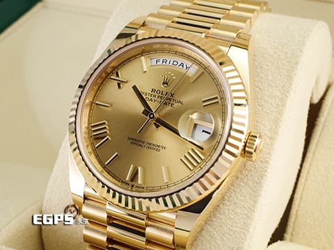 ROLEX 勞力士 DAY-DATE 40 蠔式星期日誌型 228238 黃K金材質 黃K金羅馬數字時標 香檳色面盤 2024年新式保單 極新品  此錶歡迎各路錶友以PP、AP、勞力士 來店交換，本店將以最高價評估～ 自動腕錶 40mm