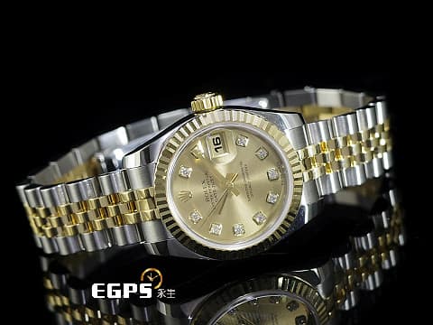ROLEX 勞力士 Lady DateJust 179173G 蠔式日誌型&nbsp;DJ26 經典三角坑紋錶圈 半金款 18K黃金材質 鑽石時標&nbsp;香檳金色面盤 自動上鍊 26mm