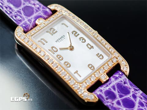 HERMES 愛馬仕 Cape Cod Nantucket系列 18K玫瑰金材質 玫瑰金色指針  白色珍珠母貝面盤 NA2.271.213 原廠鑲嵌56顆頂級天然美鑽外框&nbsp;石英腕錶 20x27mm