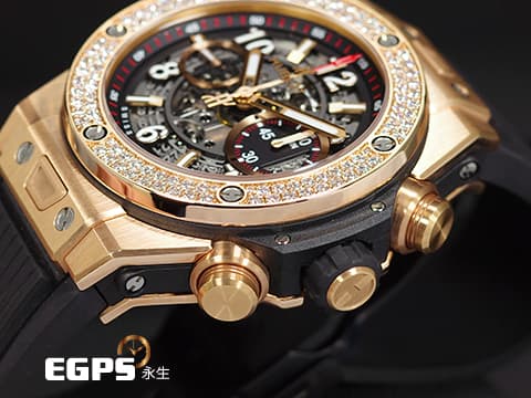 HUBLOT 宇舶 Big Bang Unico 大爆炸 King Gold Diamonds 王金 玫瑰金 飛返 計時碼表 411.OX.1180.RX.1104 鏤空面盤 原廠鑲嵌114顆鑽石錶圈（共重1.92ct）&nbsp;2023年保單 官方新錶訂價：1,421,400元&nbsp;自動上鍊 45mm