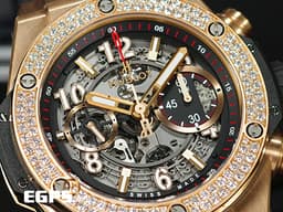 HUBLOT 宇舶 Big Bang Unico 大爆炸 King Gold Diamonds 王金 玫瑰金 飛返 計時碼表 411.OX.1180.RX.1104 <font color="#05f0f0">鏤空面盤 原廠鑲嵌114顆鑽石錶圈（共重1.92ct）</font><font color="#FF0000">&nbsp;2023年保單 官方新錶訂價：1,421,400元</font>&nbsp;自動上鍊 45mm