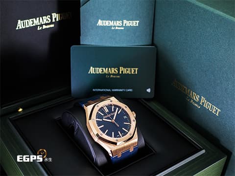 Audemars Piguet 愛彼 AP Royal Oak 皇家橡樹 15510OR.OO.D315CR.02 18K玫瑰金『雲夜藍色格紋面盤』 2025年保單 已貼膜 自動上鍊 41mm