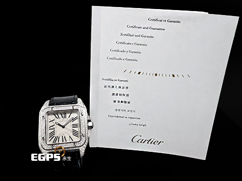CARTIER卡地亞 Santos100山度士 XL Automatic 大型 經典 不鏽鋼材質 大三針&nbsp;精鑲鑽石錶框、錶冠 銀白色Opaline面盤&nbsp;自動上鍊 51.1 × 41.3mm
