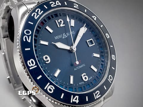 Montblanc萬寶龍 1858 GMT MB129616 藍色太陽放射紋面盤 錶背雕刻世界地圖、海洋及 24 個時區城市名稱 可作為世界時間參考 2025年&nbsp;不鏽鋼材質&nbsp;自動上鍊 43mm