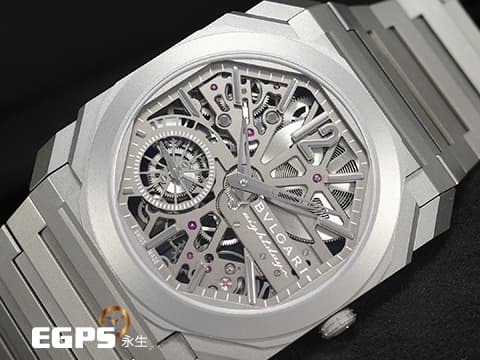 BVLGARI 寶格麗 Bulgari Octo Finissimo系列 Skeleton 8 Days 103610 超薄 鈦金屬 鏤空面盤 經典八角形多稜角設計錶框 八日鍊 小秒針 2025年保單 手上鏈 40mm