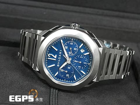 BVLGARI 寶格麗 Octo Roma Chronograph 不鏽鋼 八角形 103829 計時碼錶 新款 藍色巴黎釘紋錶盤 快拆式錶帶 另附原廠橡膠錶帶組  2025年保單 自動上鍊 42mm