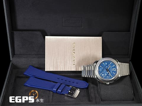 BVLGARI 寶格麗 Octo Roma Chronograph 不鏽鋼 八角形 103829 計時碼錶 新款 藍色巴黎釘紋錶盤 快拆式錶帶 另附原廠橡膠錶帶組  2025年保單 自動上鍊 42mm