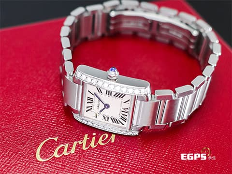 CARTIER 卡地亞 Tank Francaise 法國坦克 小型款 W4TA0008 象牙白色面盤 鑲嵌24顆圓形鑽石 藍鋼劍形指針 經典 不鏽鋼材質 2022年保卡 石英機芯 25X20mm