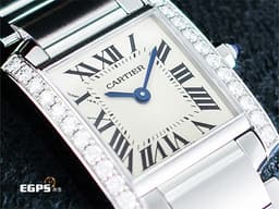 CARTIER 卡地亞 Tank Francaise 法國坦克 小型款 W4TA0008 象牙白色面盤<font color="#33CCFF"> 鑲嵌24顆圓形鑽石 藍鋼劍形指針</font> 經典 不鏽鋼材質 <font color="#ff0000">2022年保卡</font> 石英機芯 25X20mm
