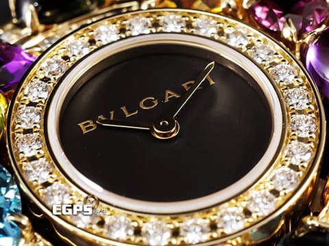 BVLGARI 寶格麗 ASTRALE系列 彩寶 101339 18K黃金 絕美艷麗 貴婦名媛專用首選 亮麗七炫彩色寶石錶圈 原廠繽紛寶石華麗美鑽 2024年保單 石英腕錶 36mm